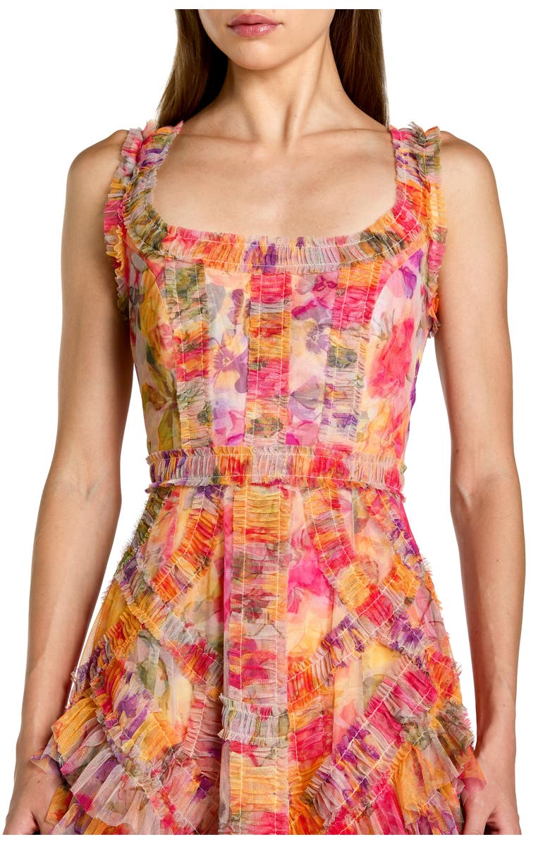 Mac Duggal Floral Scoop Neck A-Line Ruffle Midi Dress, Alternate, color, Multi