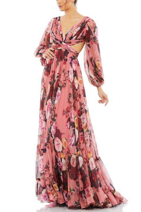 関税送料込【MAC DUGGAL】ロング ワンピース ケープ 花柄 ピンク MAC DUGGAL プリーツ ロング スリットガウン☆関税込