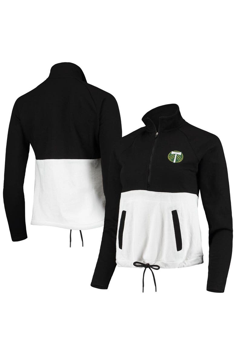 Women's Antigua Black/White Portland Timbers Harbor Raglan Half-Zip Jacket, Main, color, Black