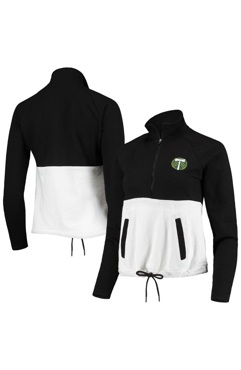 ANTIGUA Women's Antigua Black/White Portland Timbers Harbor Raglan Half-Zip Jacket, Main, color, Black