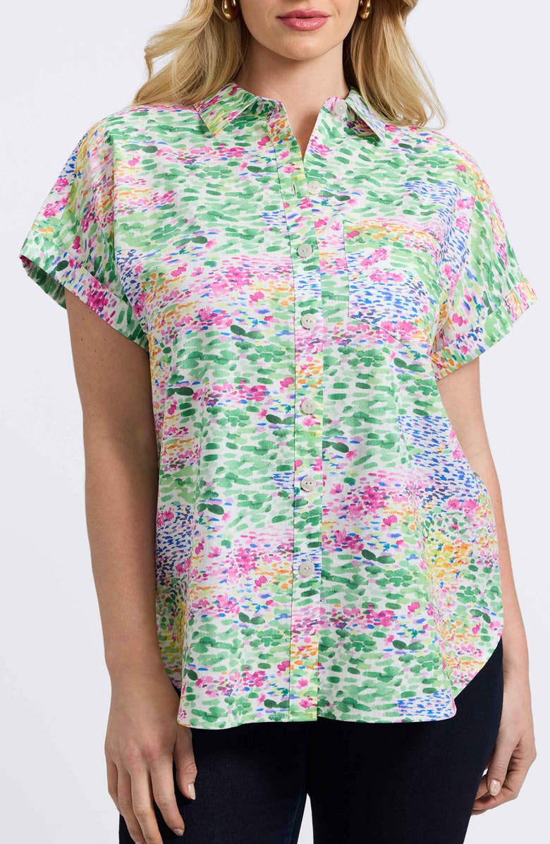 Foxcroft Abigail Short Sleeve Linen Blend Button-Up Shirt, Main, color, Multi Green