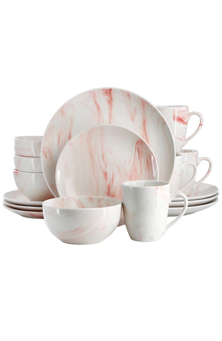 Elama Fine Marble 16 Piece Porcelain Dinnerware Set, Main, color, Red