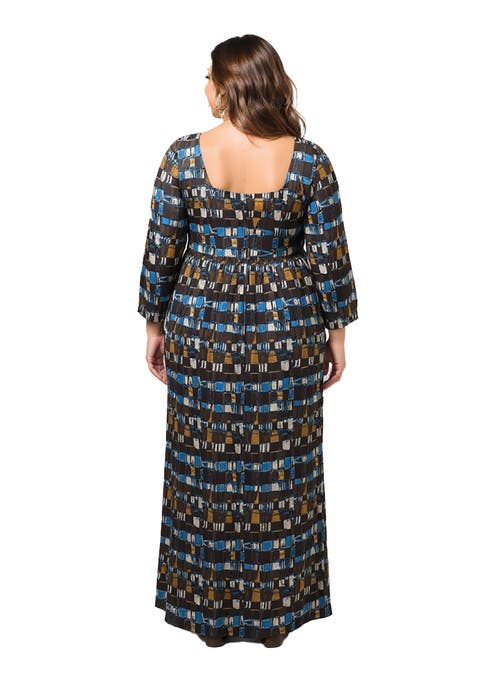 24seven Comfort Apparel Plus Size Geometric Print Long Sleeve Empire Waist Maxi Dress In Multi