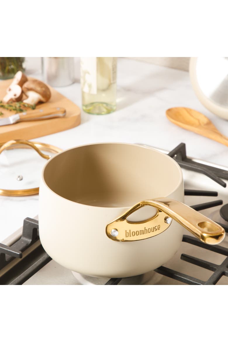 3 Quart Heavy Duty Aluminum Premium PFA Free Ceramic Nonstick Saucepan with Lid, Alternate, color, Linen White with Gold Handle