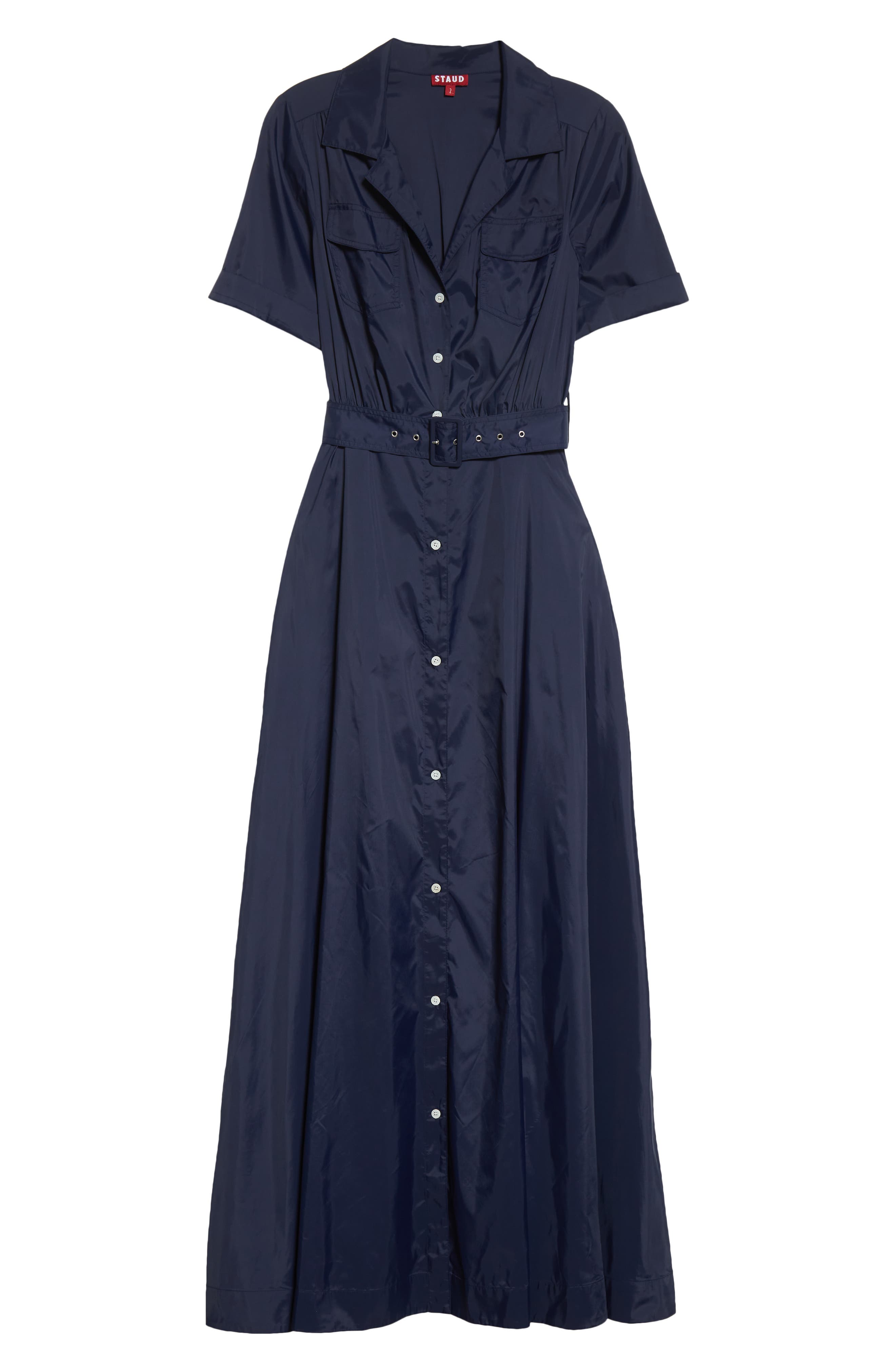 staud millie dress navy organza Staud Millie Organza Short-Sleeve Belted Maxi Shirtdress - Navy
