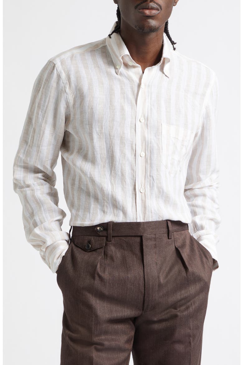 Regular Fit Stripe Linen Button-Down Shirt, Main, color, TAN STRIPE