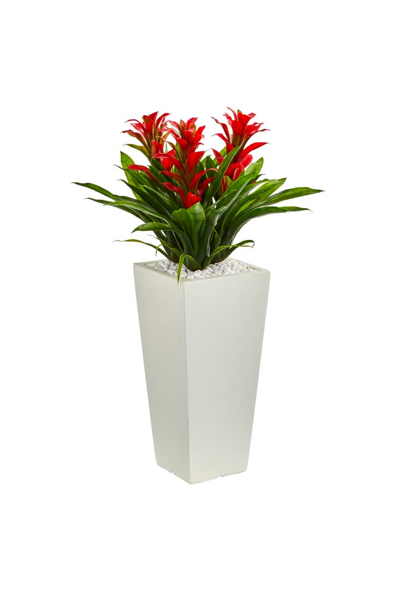 Triple Bromeliad Artificial Plant in White Tower Planter, Main, color, Red