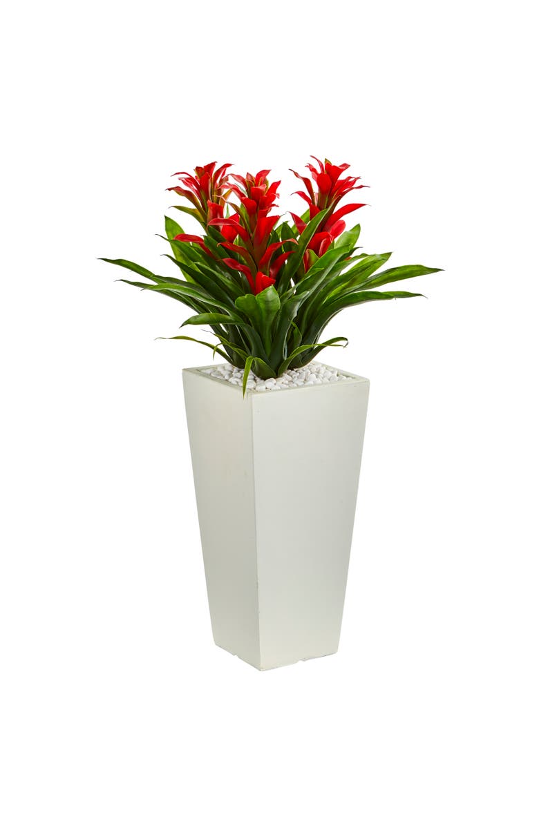 NEARLY NATURAL Triple Bromeliad Artificial Plant in White Tower Planter, Main, color, Red