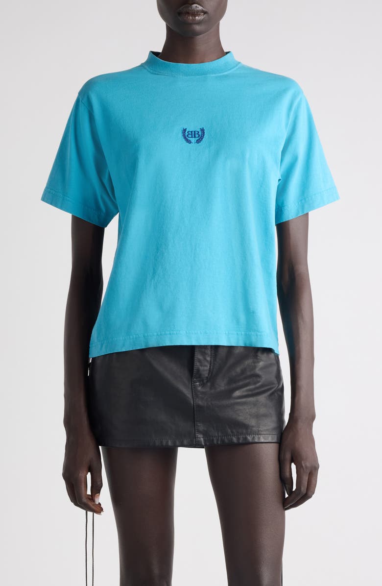 Balenciaga Laurel Embroidered Boxy Dry Jersey T-Shirt, Main, color, Azure/ Navy