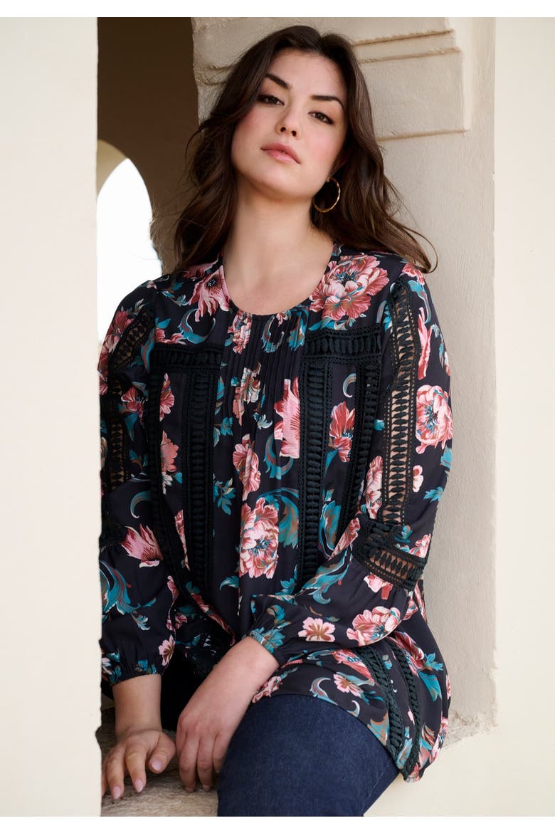 Lace-Trim Blouson-Sleeve Top, Alternate, color, CLOUD BLUE WATERCOLOR