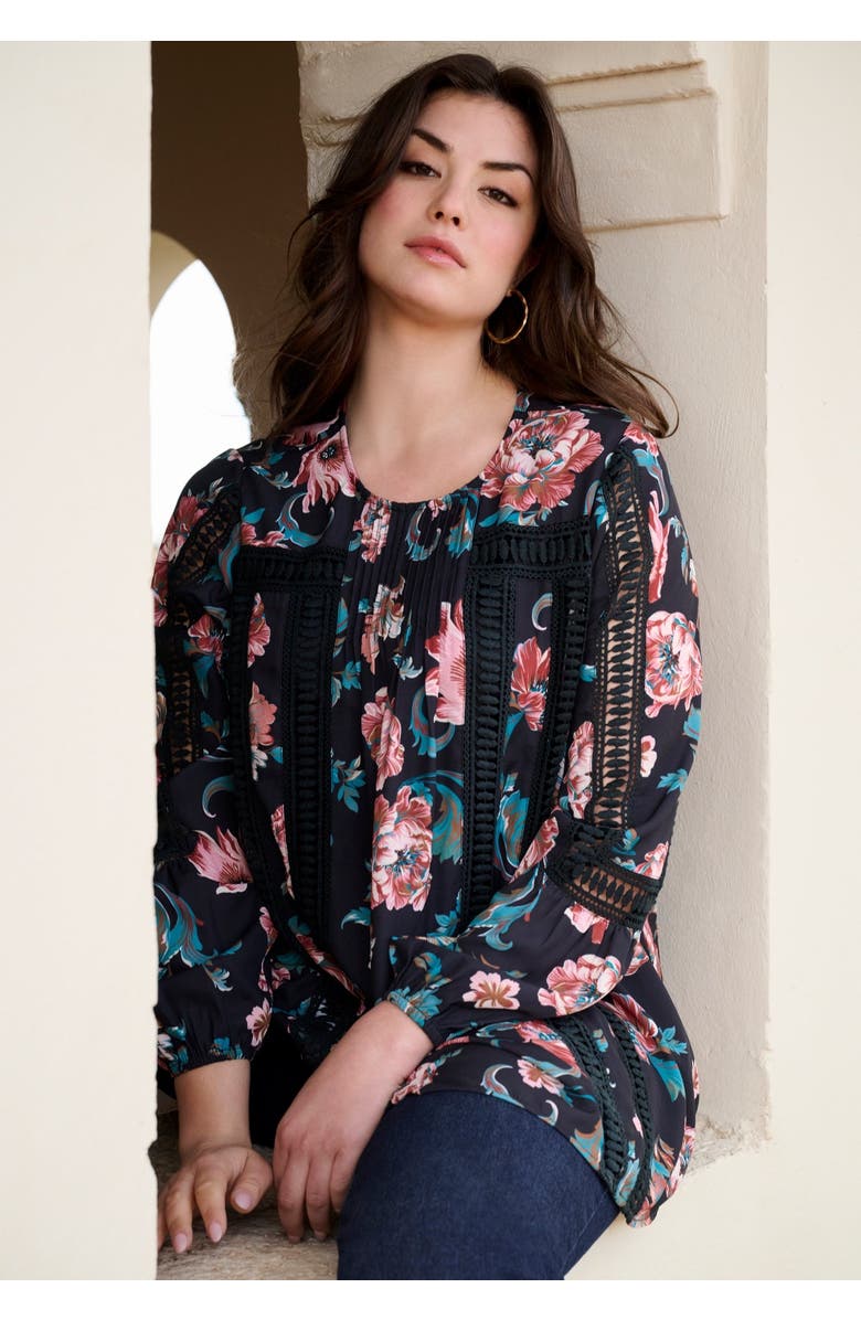 Roaman's Lace-Trim Blouson-Sleeve Top, Alternate, color, Black