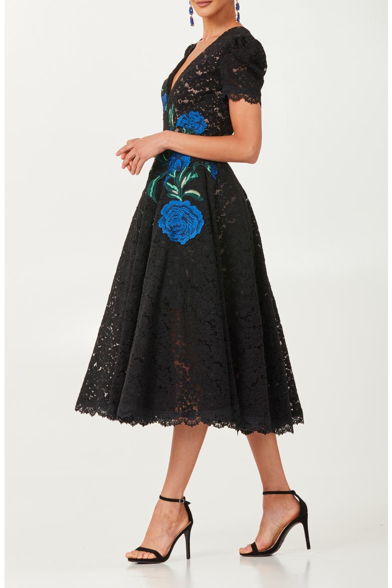 Amy Embroidered Lace Midi Dress, Alternate, color, BLACK