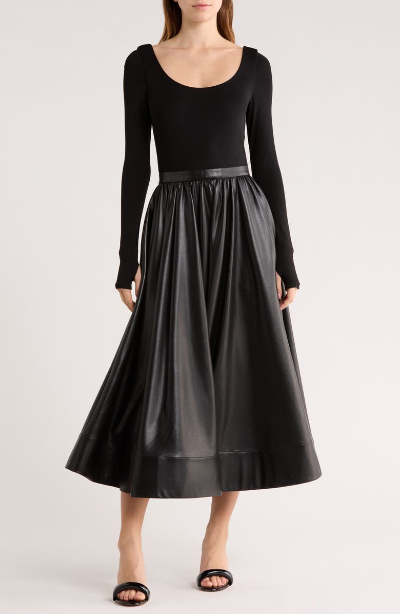 Alice + Olivia Chara Long Sleeve Faux Leather Skirt Dress, Main, color, Black