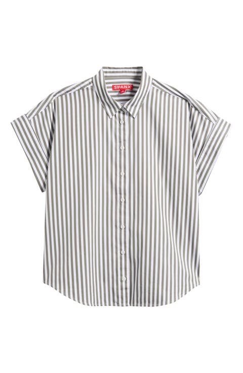 Oversize Stripe Short Sleeve Button-Up Shirt