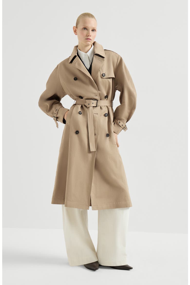 Cotton and linen twill trench with monili, Main, color, Camel