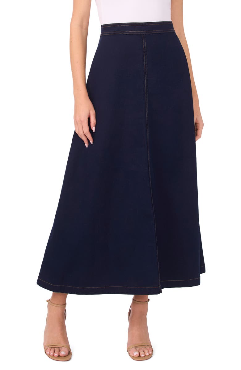 Vince Camuto Topstitch Stretch Cotton Maxi Skirt, Main, color, Classic Navy