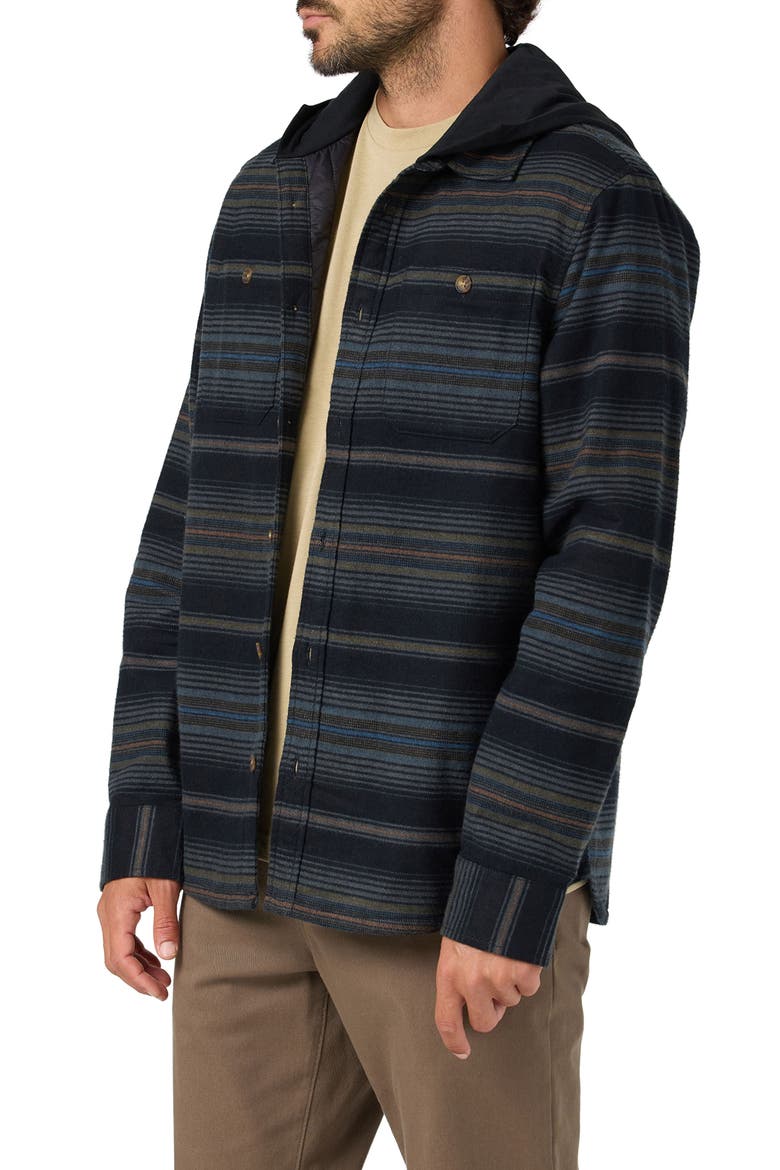 Stripe Hooded Cotton Flannel Shirt Jacket, Alternate, color, BLACK