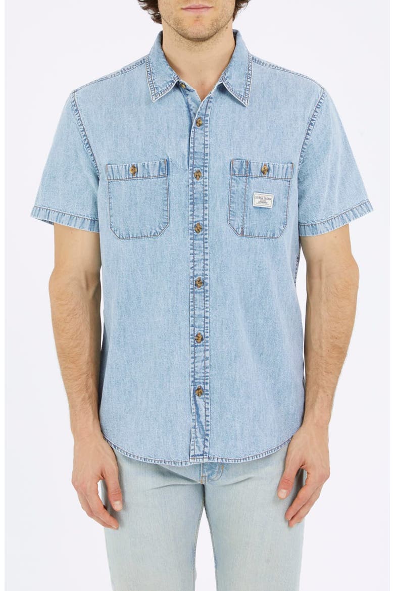 Short Sleeve Cotton Denim Button-Up Shirt, Main, color, MEDIUM WASH
