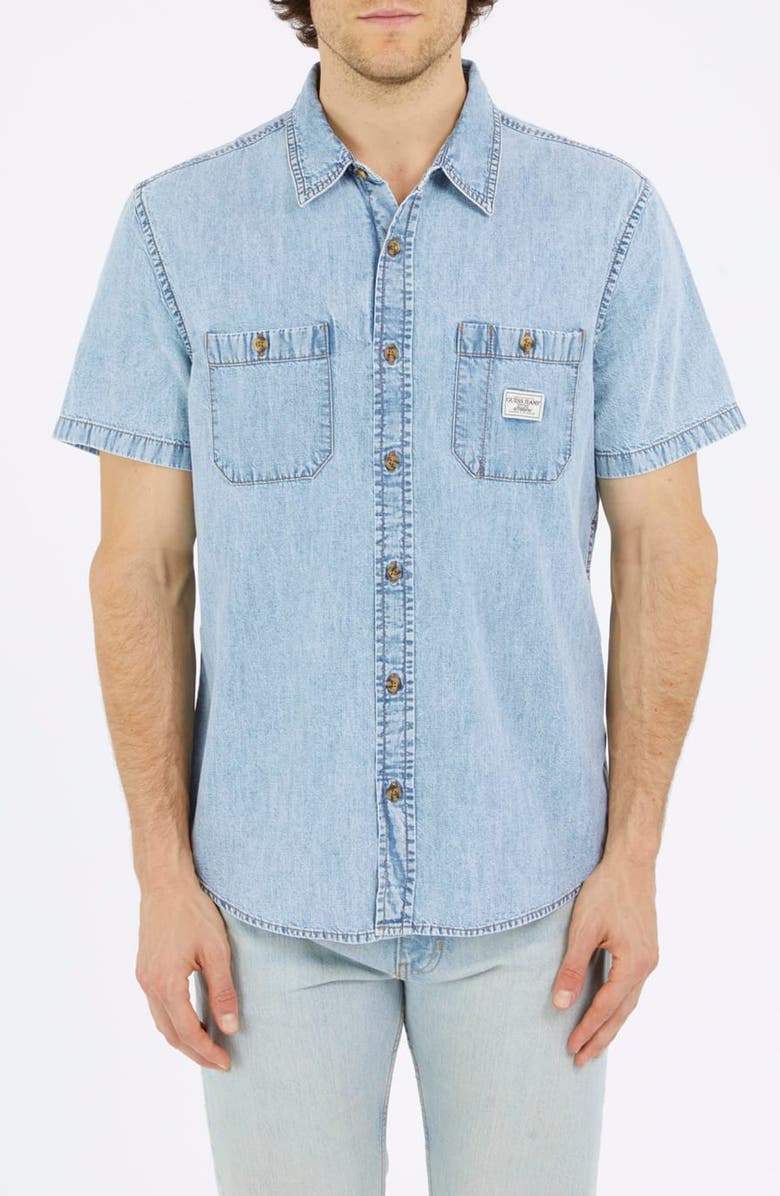 GUESS JEANS Short Sleeve Cotton Denim Button-Up Shirt, Main, color, Medium Wash