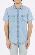 GUESS JEANS Short Sleeve Cotton Denim Button-Up Shirt