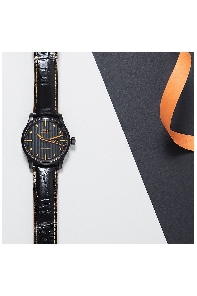 Multifort Automatic Leather Strap Watch, 42mm, Alternate, color, BLACK/ ORANGE