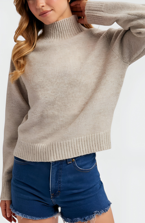 Modenaire Mock Neck Raglan Sleeve Wide Ribbed Hem Sweater In Neutral