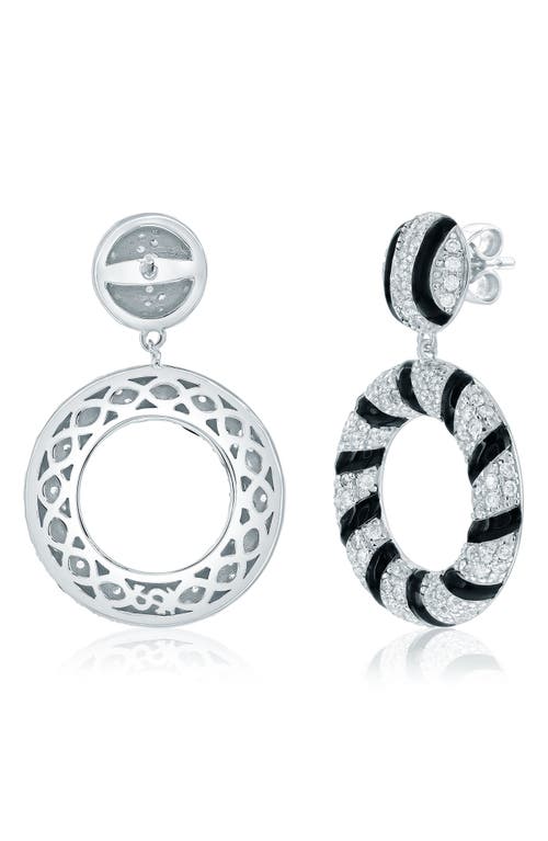 Suzy Levian Sterling Silver Pave White Cubic Zirconia Black Enamel Circle Drop Earrings