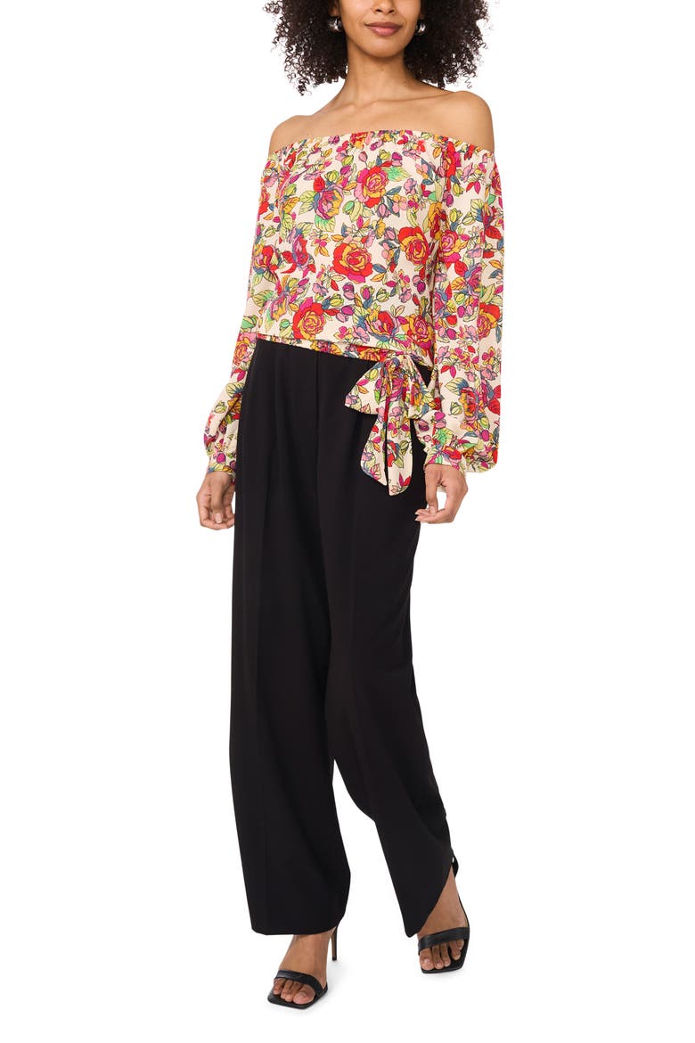 Floral Off the Shoulder Tie Hem Top, Alternate, color, RED