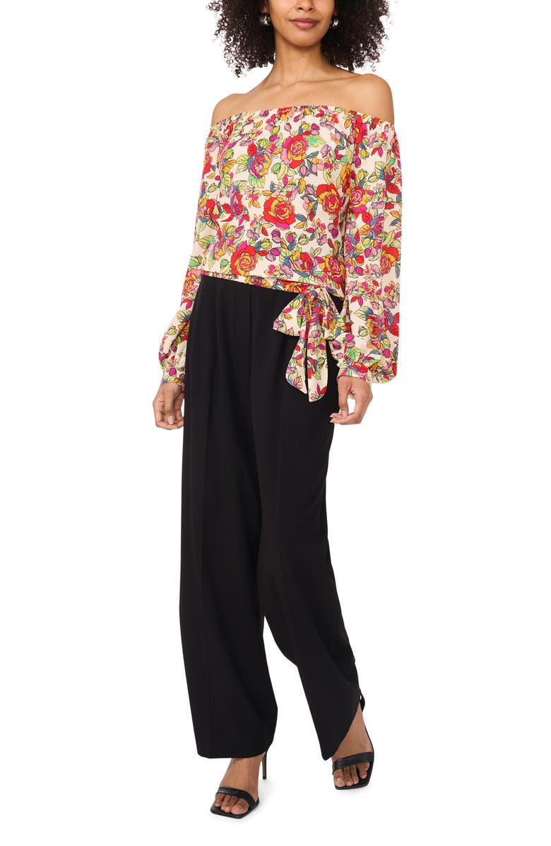 Vince Camuto Floral Off the Shoulder Tie Hem Top, Alternate, color, Red