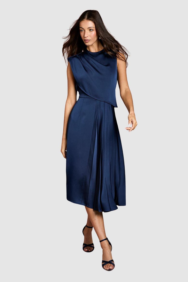 Satin Pleated Midi Dress, Main, color, Navy