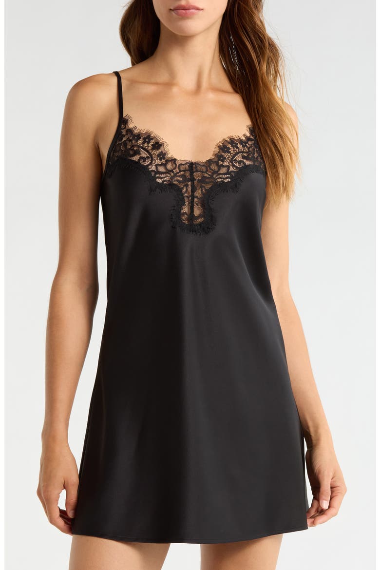 Lace Trim Satin Chemise, Main, color, BLACK