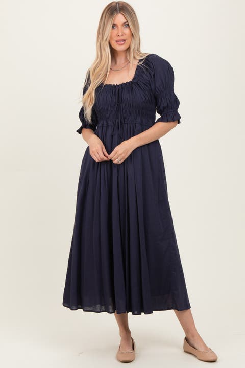 Smocked Ruffle Square Neck Midi Dress