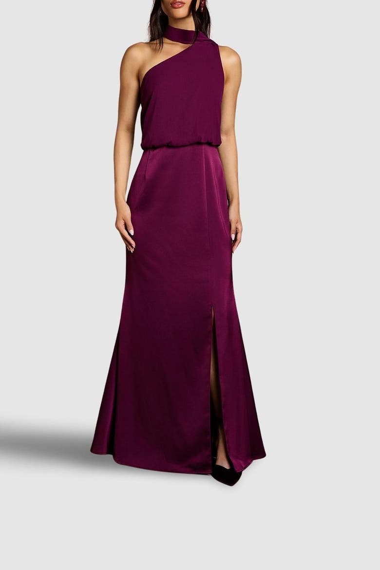 One Shoulder Maxi Bridesmaid Dress, Alternate, color, Fig