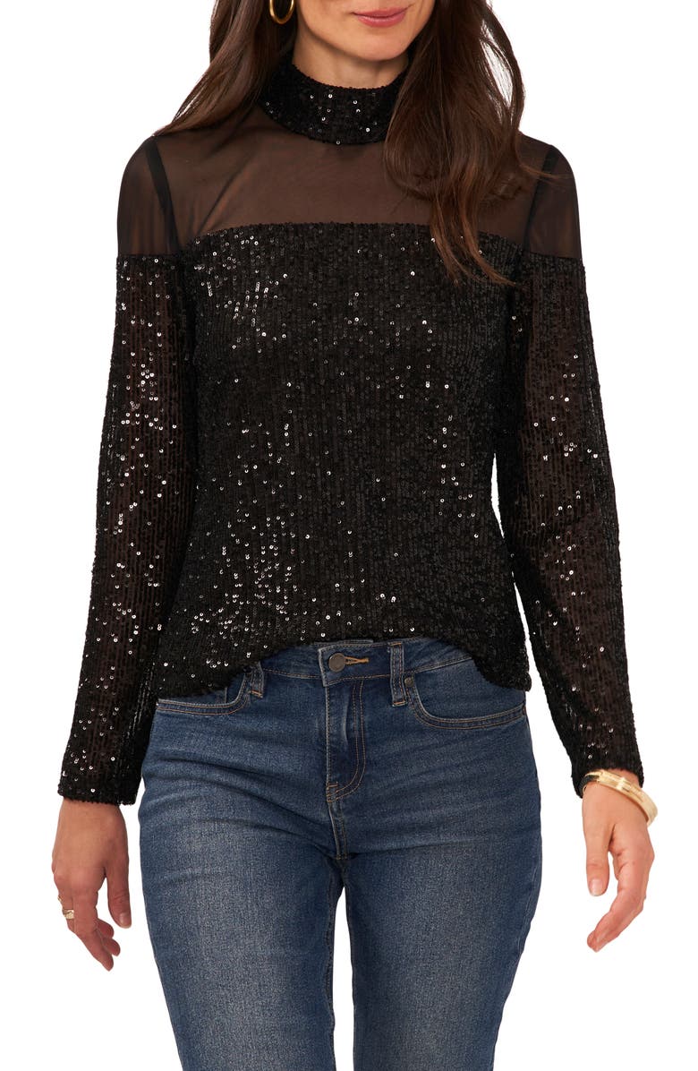 Vince Camuto Illusion Yoke Sequin Mock Neck Top, Main, color, Rich Black