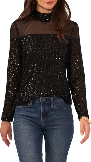Illusion Yoke Sequin Mock Neck Top
