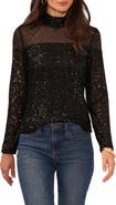 Vince Camuto Illusion Yoke Sequin Mock Neck Top