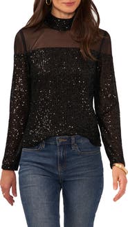 Vince Camuto Illusion Yoke Sequin Mock Neck Top
