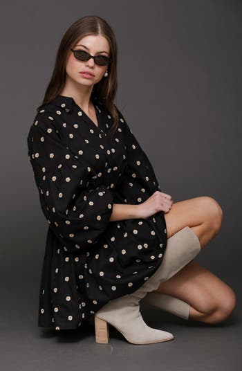 Embroidered Long Sleeve Babydoll Mini Shirtdress