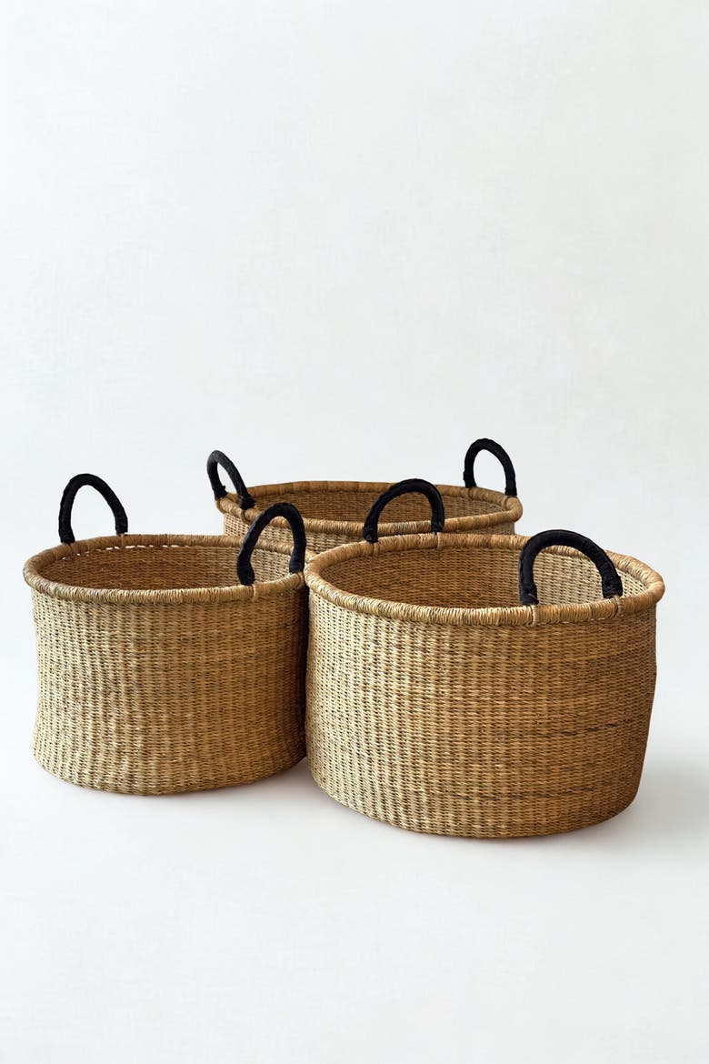 Handwoven Hamper with Leather Handles, Main, color, Natural