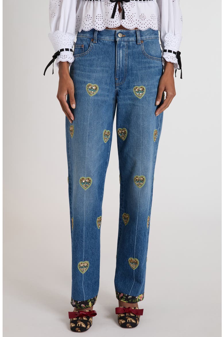 Heart Embroidered Denim Jeans, Main, color, DENIM