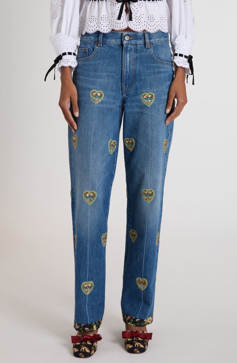 Valentino Garavani Heart Embroidered Denim Jeans, Main, color, Denim