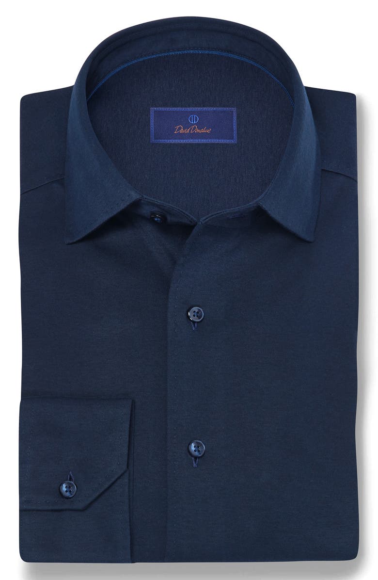 David Donahue Knit Cotton Button-Up Shirt, Alternate, color, Navy