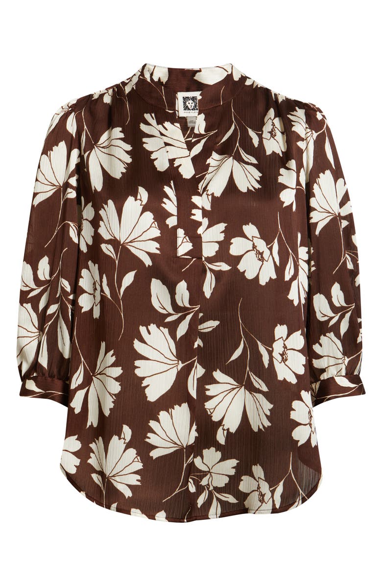Anne Klein Floral Split Neck Top, Alternate, color, Dark Chocolate/ White