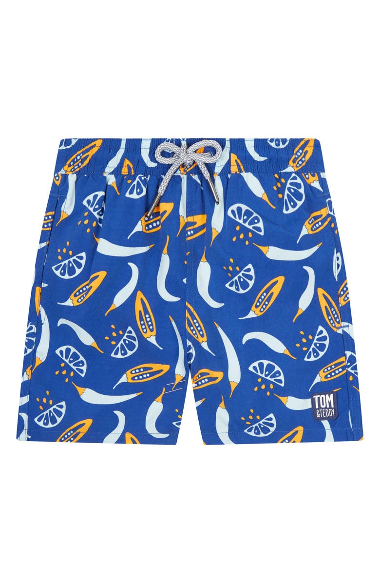 Tom & Teddy Kids' Chili Print Performance Swim Trunks, Main, color, Blue Orange