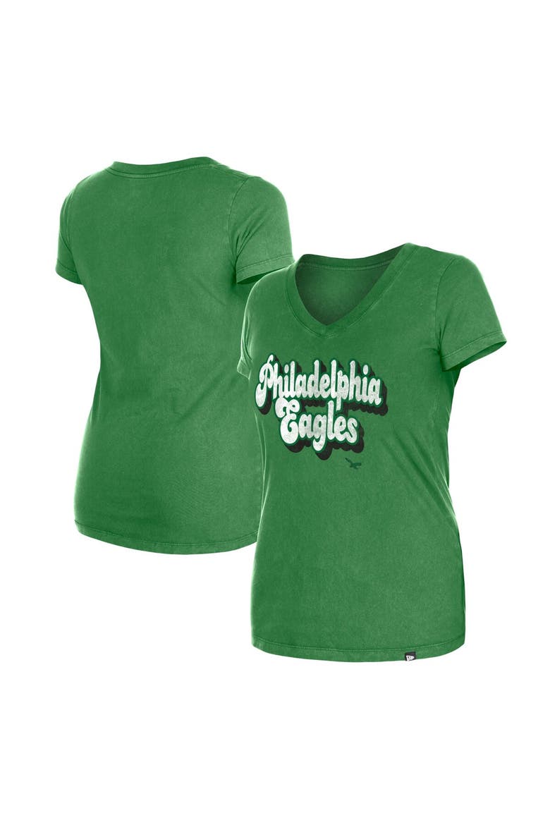 Women's New Era Green Philadelphia Eagles Enzyme Wash Low V-Neck T-Shirt, Main, color, Green