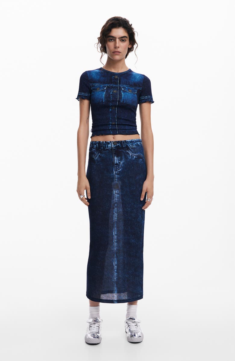 Desigual Trompe L'Oeil Denim Midi Skirt, Alternate, color, Blue