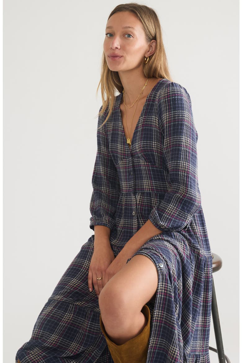 Maeve Plaid Long Sleeve Tiered Maxi Shirtdress, Alternate, color, NAVY PLAID