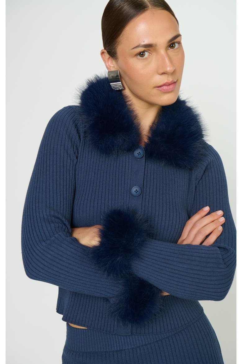 Chateau Cardigan, Alternate, color, Navy Knit with Faux Fur