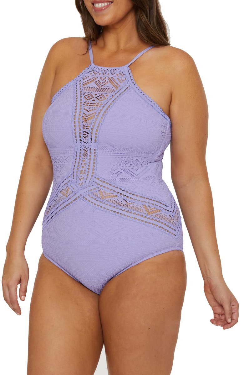 Becca Etc. Colorplay Lace Overlay One-Piece Swimsuit, Alternate, color, Bellflower