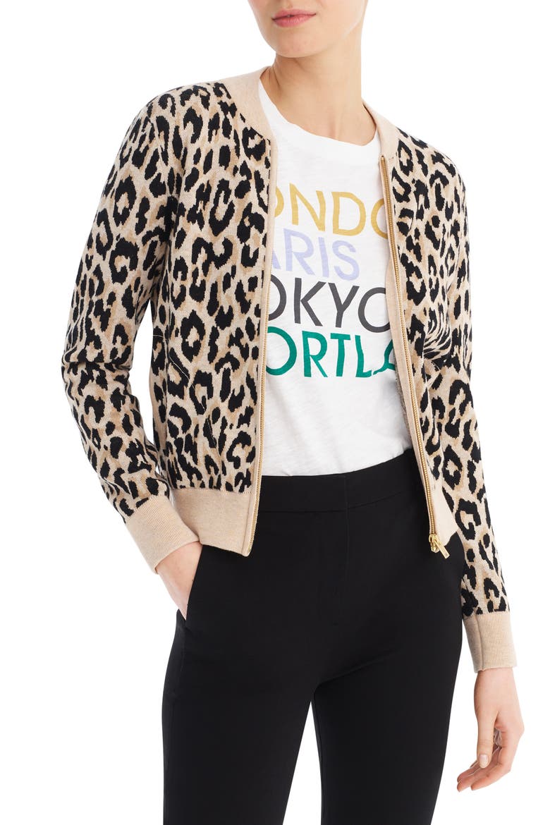 Leopard Bomber Sweater, Main, color, CAMEL KHAKI BLACK LEOPARD